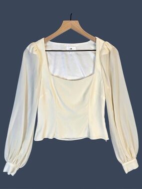 LPA Cora Cream Square Neck Sheer Bishop Sleeve Blouse Side Zip Top Small